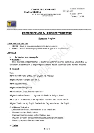 Première page de Anglais 6e — 1er devoir surveillé, 1er trimestre (2019-2020) · CPEG MARIA GRACIA