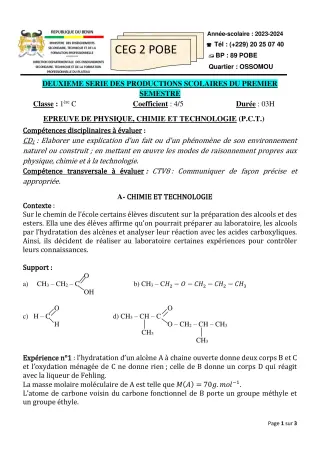 Première page de PCT 1ère C — 2e production scolaire, 1er semestre (2023-2024) · CEG 2 Pobè