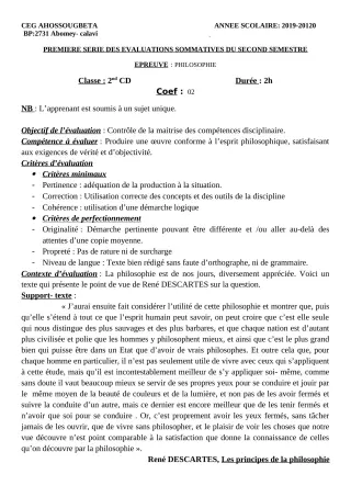 Première page de Philosophie 2nde C, 2nde D — 1re évaluation sommative, 2e semestre (2019-2020) · CEG Ahossougbéta
