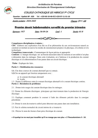 Première page de PCT 5e — 1er devoir surveillé, 1er trimestre (2024-2025) · Hibiscus 1er cycle
