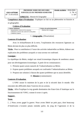 Première page de Histoire-Géographie Tle A2 — 1er devoir surveillé, 1er semestre (2019-2020) · CEG Kaïtèmè