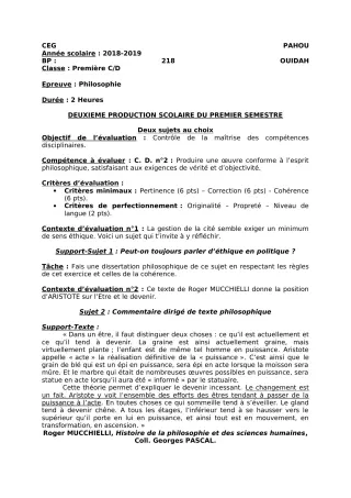 Première page de Philosophie 1ère C, 1ère D — 2e production scolaire, 1er semestre (2018-2019) · CEG PAHOU