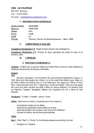 Première page de Anglais 5e — 1er devoir surveillé, 2e semestre (2019-2020) · CEG Le Plateau