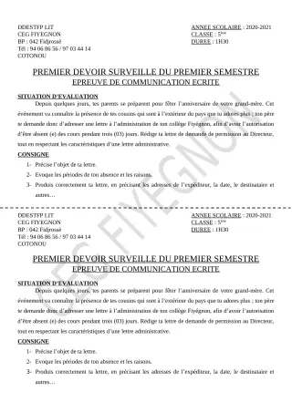 Première page de Français 5e — 1er devoir surveillé, 1er semestre (2020-2021) · CEG FIYEGNON