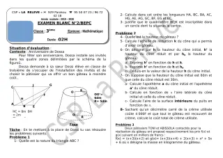 Première page de Examen Blanc de MATHS GENE — 3e, 3e ML — CPEG La Releve (2019)