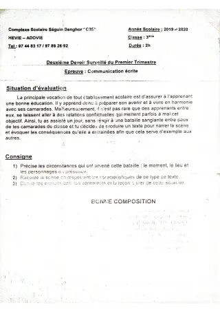 Première page de Français 3e, 3e ML — 2e devoir surveillé, 1er trimestre (2019-2020) · CPEG SEGUIN SENGHOR