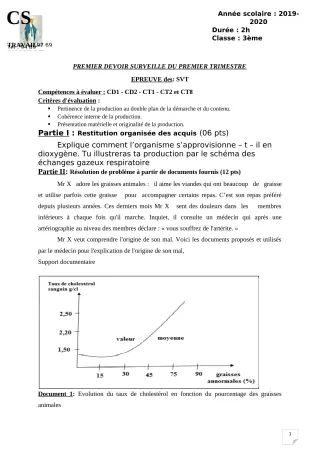 Première page de SVT 3e, 3e ML — 1er devoir surveillé, 1er trimestre (2019-2020) · CPEG ROSAIRE