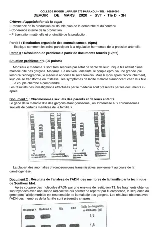 Première page de SVT Tle D — Devoir surveillé (2019-2020) · CPEG Roger LAFIA
