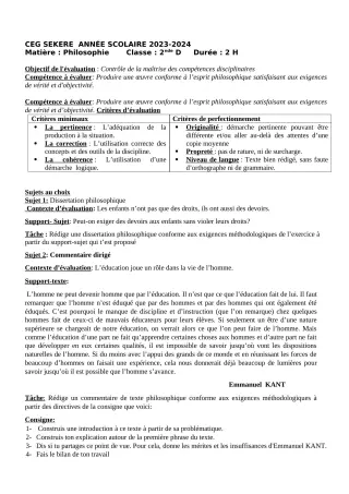 Première page de Philosophie 2nde D — Devoir surveillé (2023-2024) · CEG SEKERE