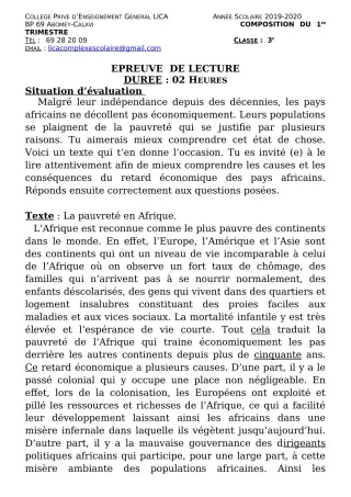 Première page de Français 3e, 3e ML — Composition, 1er trimestre (2019-2020) · CPEG LICA