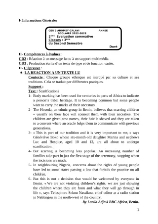Première page de Anglais 3e — 2e évaluation sommative, 2e semestre (2022-2023) · CEG2 ABOMEY - CALAVI (CEG ZOCA)