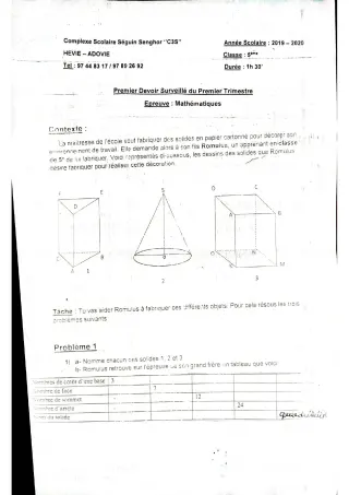 Première page de Mathématiques 5e — 1er devoir surveillé, 1er trimestre (2019-2020) · CPEG SEGUIN SENGHOR