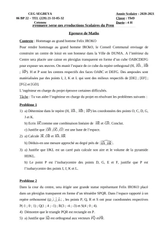 Première page de Mathématiques 1ère A, 1ère A1, 1ère A2, 1ère B, Tle D — 1re production scolaire, 1er semestre (2020-2021) · CEG SEGBEYA