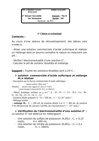 Première page de PCT Tle D — 1er devoir surveillé, 1er semestre (2018-2019) · CEG2 ABOMEY - CALAVI (CEG ZOCA)
