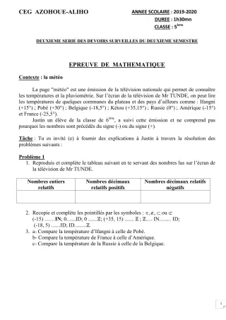 Première page de Mathématiques 5e — 2e devoir surveillé, 2e semestre (2019-2020) · CEG AZOHOUE-ALIHO