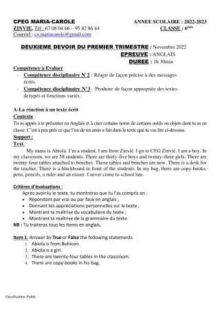 Première page de Anglais 6e — 2e devoir surveillé, 1er trimestre (2022-2023) · CPEG MARIA-CAROLE