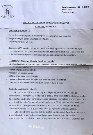 Première page de Espagnol 4e, 4e ML — 2e devoir surveillé, 1er trimestre (2019-2020) · CPEG ROSAIRE