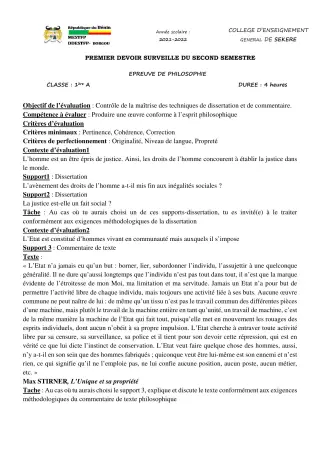 Première page de Philosophie 1ère A2 — 1er devoir surveillé, 2e semestre (2021-2022) · CEG SEKERE