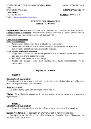Première page de Philosophie 2nde C, 2nde D — Composition, 1er trimestre (2019-2020) · CPEG LICA