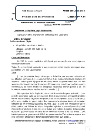 Première page de Histoire-Géographie 1ère A & B — 1re évaluation sommative, 1er semestre (2022-2023) · CEG2 ABOMEY - CALAVI (CEG ZOCA)