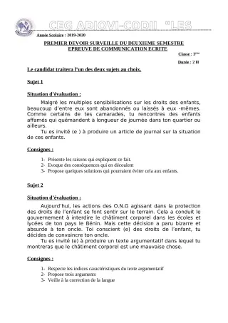 Première page de Français 3e — 1er devoir surveillé, 2e semestre (2019-2020) · CEG ADJOVICODJI 'LES OLIVIERS'