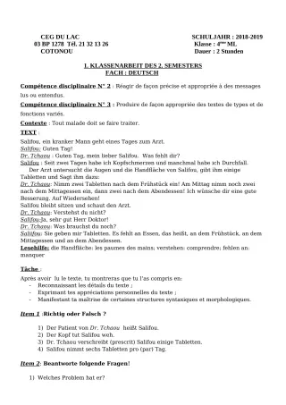 Première page de Devoir surveillé de ALLEMAND — 4e ML — CEG du Lac (2018)