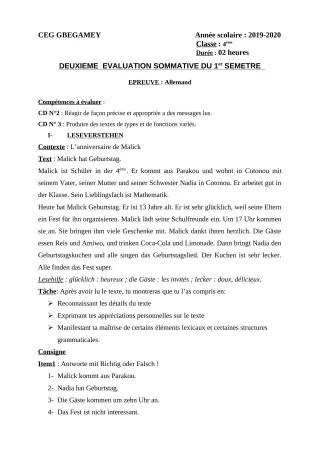 Première page de Allemand 4e ML — 2e évaluation sommative (2019-2020) · CEG GBEGAMEY