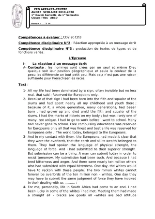 Première page de Anglais Tle A1, Tle A2, Tle B, Tle C, Tle D — 1er devoir surveillé, 1er semestre (2019-2020) · CEG 1 Akpakpa-Centre
