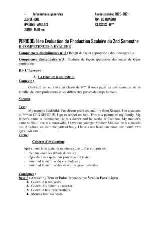 Première page de Anglais 6e — 1re production scolaire, 2e semestre (2020-2021) · CEG SEHOUE