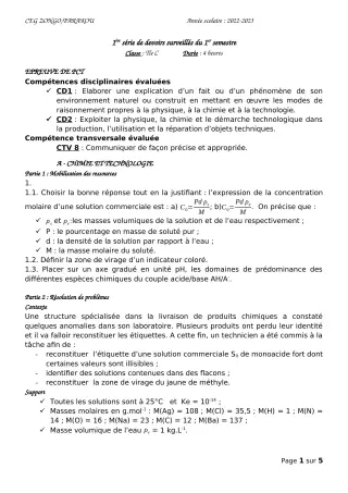 Première page de PCT Tle C — 1er devoir surveillé, 1er semestre (2022-2023) · CEG ZONGO