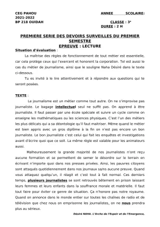 Première page de Français 3e — 1er devoir surveillé, 1er semestre (2021-2022) · CEG PAHOU