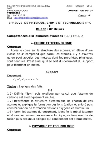 Première page de PCT 4e — Composition, 1er trimestre (2019-2020) · CPEG LICA