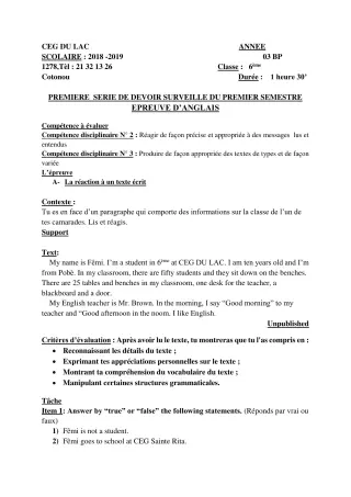Première page de Anglais 6e — 1er devoir surveillé, 1er semestre (2018-2019) · CEG du Lac