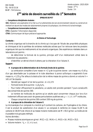 Première page de PCT 1ère C — 1er devoir surveillé, 1er semestre (2023-2024) · CEG Yagbe