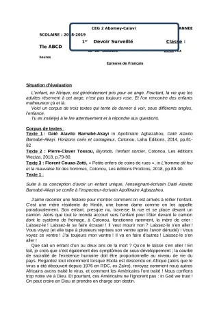 Première page de Français Tle A1, Tle A2, Tle B, Tle C, Tle D — 1er devoir surveillé, 1er semestre (2018-2019) · CEG2 ABOMEY - CALAVI (CEG ZOCA)