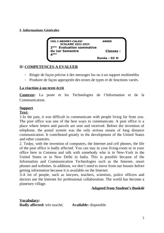 Première page de Anglais 4e — 2e évaluation sommative, 1er semestre (2022-2023) · CEG2 ABOMEY - CALAVI (CEG ZOCA)