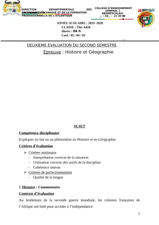 Première page de Histoire-Géographie Tle A1, Tle A2, Tle B — 2e semestre (2019-2020) · CEG1 Abomey-Calavi