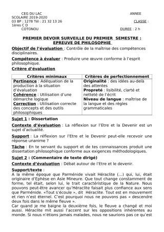 Première page de Philosophie 1ère C, 1ère D — 1er devoir surveillé, 1er semestre (2019-2020) · CEG du Lac