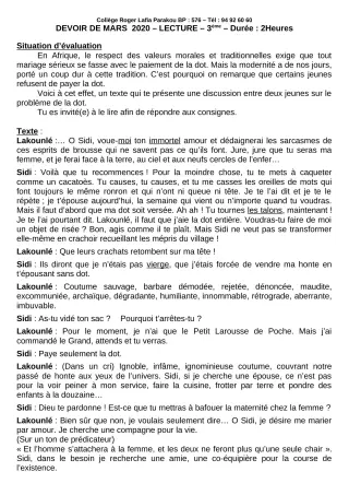 Première page de Français 3e, 3e ML — Devoir surveillé (2019-2020) · CPEG Roger LAFIA