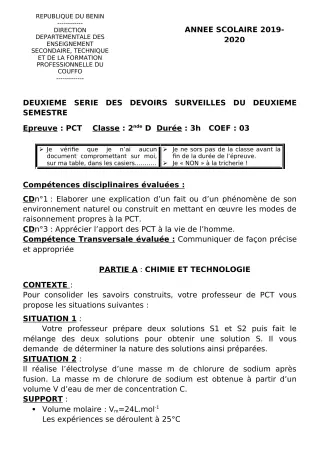 Première page de PCT 2nde D — 2e devoir surveillé, 2e semestre (2019-2020) · CEG 2 Azovè