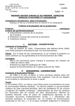 Première page de Histoire-Géographie Tle A2, Tle B — 1er devoir surveillé, 1er semestre (2020-2021) · CEG du Lac