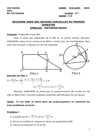 Première page de Mathématiques 3e, 3e ML — 2e devoir surveillé, 1er semestre (2020-2021) · CEG PAHOU
