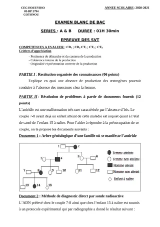 Première page de Examen Blanc de SVT — Tle A1, Tle A2, Tle B — CEG HOUEYIHO (2020)