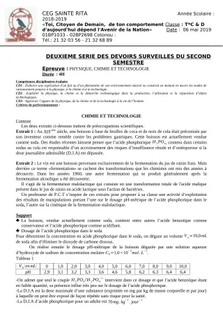Première page de PCT Tle C, Tle D — 2e devoir surveillé, 2e semestre (2018-2019) · CEG Sainte Rita