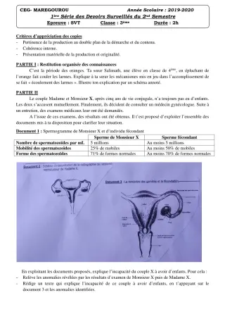 Première page de SVT 3e, 3e ML — 1er devoir surveillé, 2e semestre (2019-2020) · CEG MAREGOUROU
