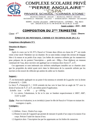 Première page de PCT 4e — Composition, 2e trimestre (2019-2020) · CPEG PIERRE ANGULAIRE