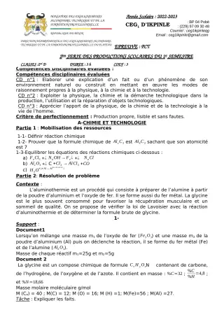 Première page de PCT 2nde D — 2e production scolaire, 1er semestre (2022-2023) · CEG1 Ikpinlè