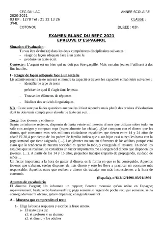 Première page de Examen Blanc de ESPAGNOL — 3e ML — CEG du Lac (2020)