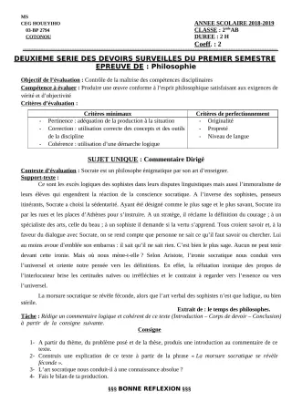 Première page de Philosophie 2nde A & B — 2e devoir surveillé, 1er semestre (2018-2019) · CEG HOUEYIHO