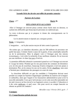 Première page de Français 4e ML&MC, 3e, 3e ML — 2e devoir surveillé, 1er semestre (2019-2020) · CEG AZOHOUE-ALIHO